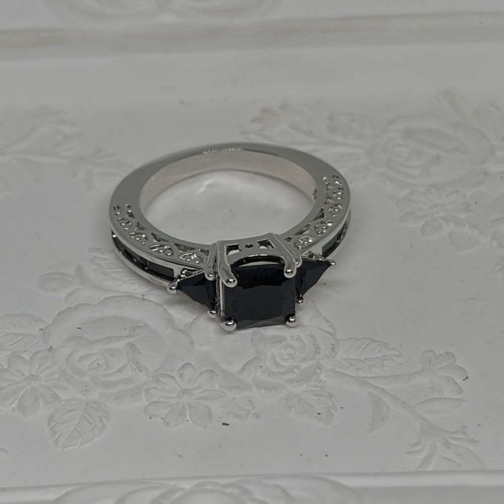 Sterling Silver Square Cut Black Obsidian Ring w/Intricate Band goth romantic
